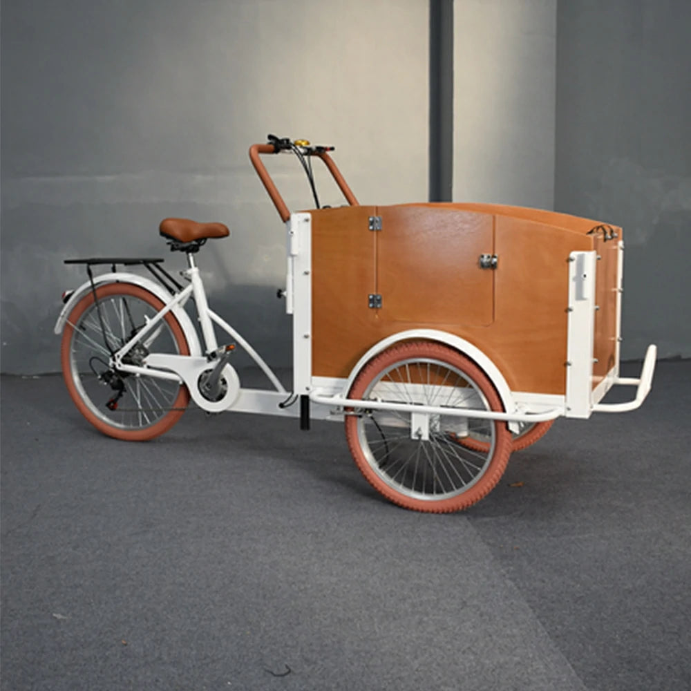 VOLTUS Manual Parent-Child Tricycle 90cm Front Wooden Box Canopy Family Transport & Leisure Use - White