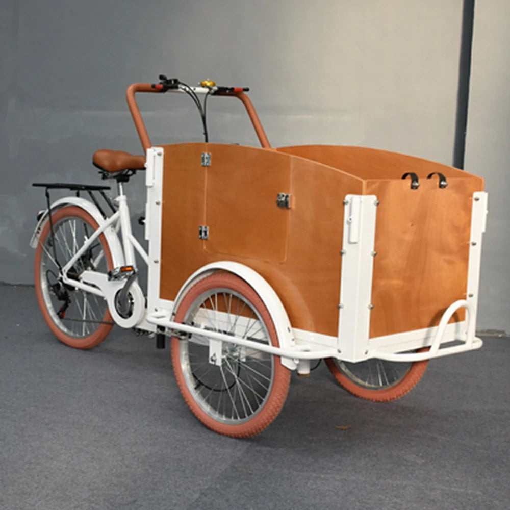 VOLTUS Manual Parent-Child Tricycle 90cm Front Wooden Box Canopy Family Transport & Leisure Use - White