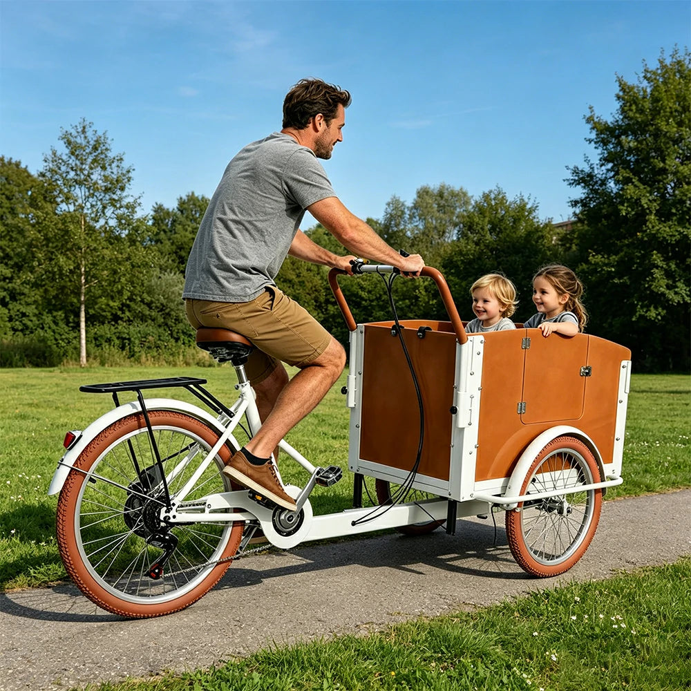 VOLTUS Manual Parent-Child Tricycle 90cm Front Wooden Box Canopy Family Transport & Leisure Use - White