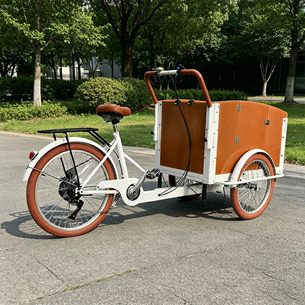 VOLTUS Manual Parent-Child Tricycle 90cm Front Wooden Box Canopy Family Transport & Leisure Use - White