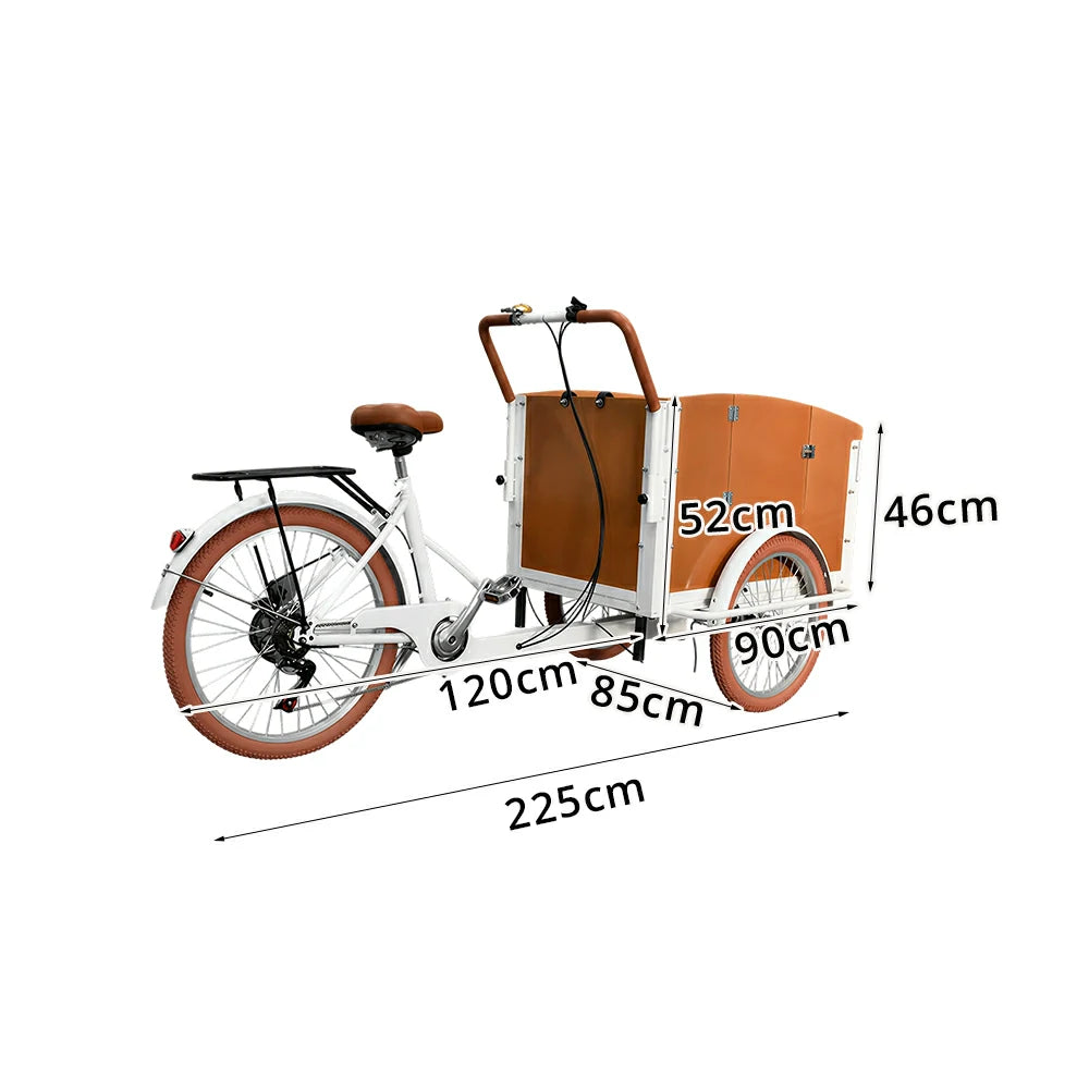 VOLTUS Manual Parent-Child Tricycle 90cm Front Wooden Box Canopy Family Transport & Leisure Use - White
