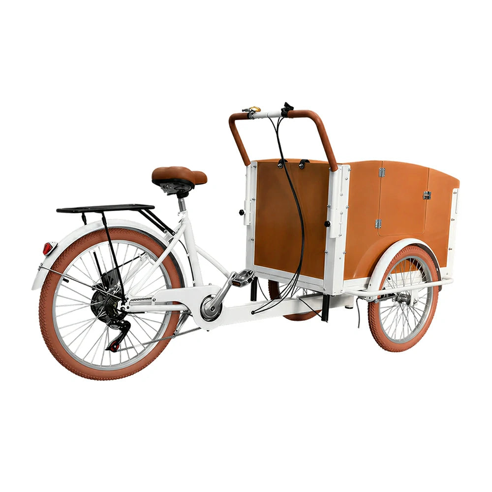 VOLTUS Manual Parent-Child Tricycle 90cm Front Wooden Box Canopy Family Transport & Leisure Use - White