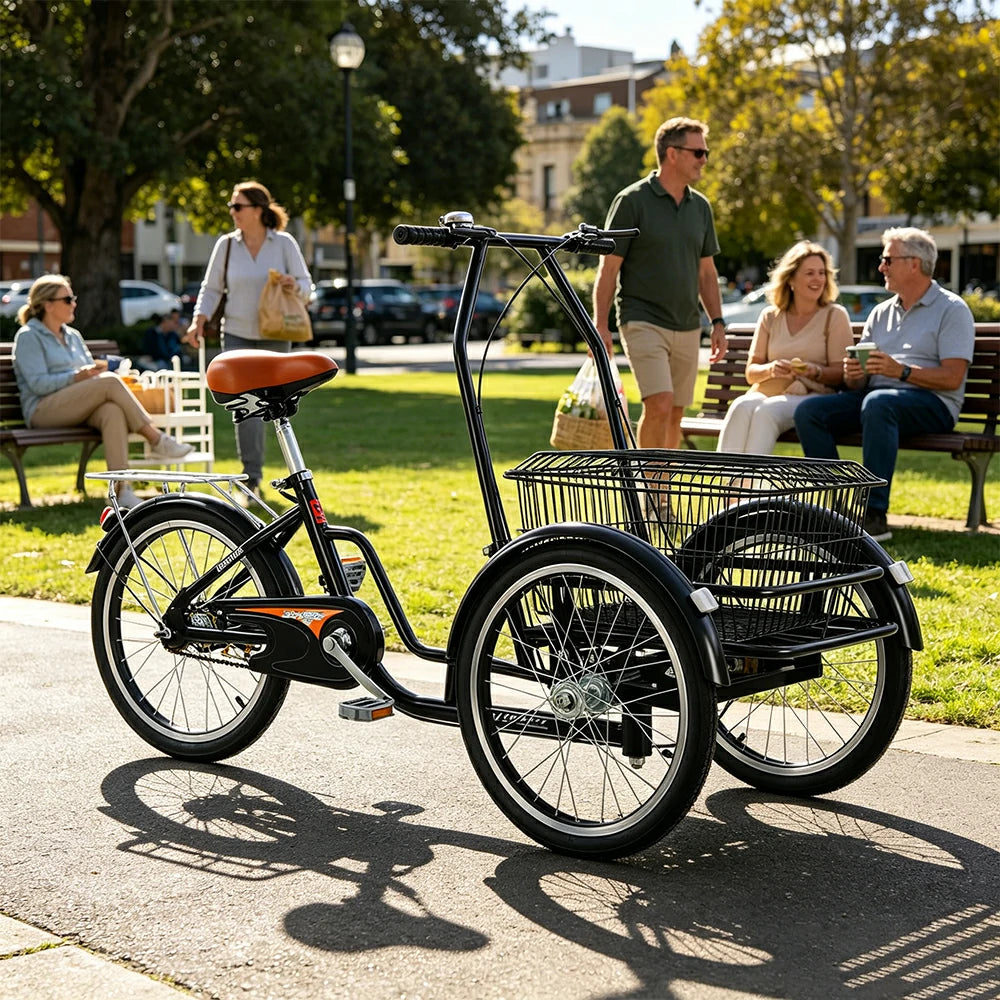 VOLTUS Manual Shopping Tricycle Large Front Basket 150kg Capacity Community Errands & Daily Riding - Black