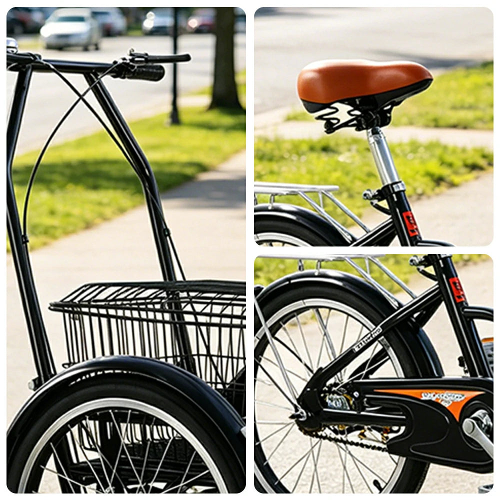 VOLTUS Manual Shopping Tricycle Large Front Basket 150kg Capacity Community Errands & Daily Riding - Black