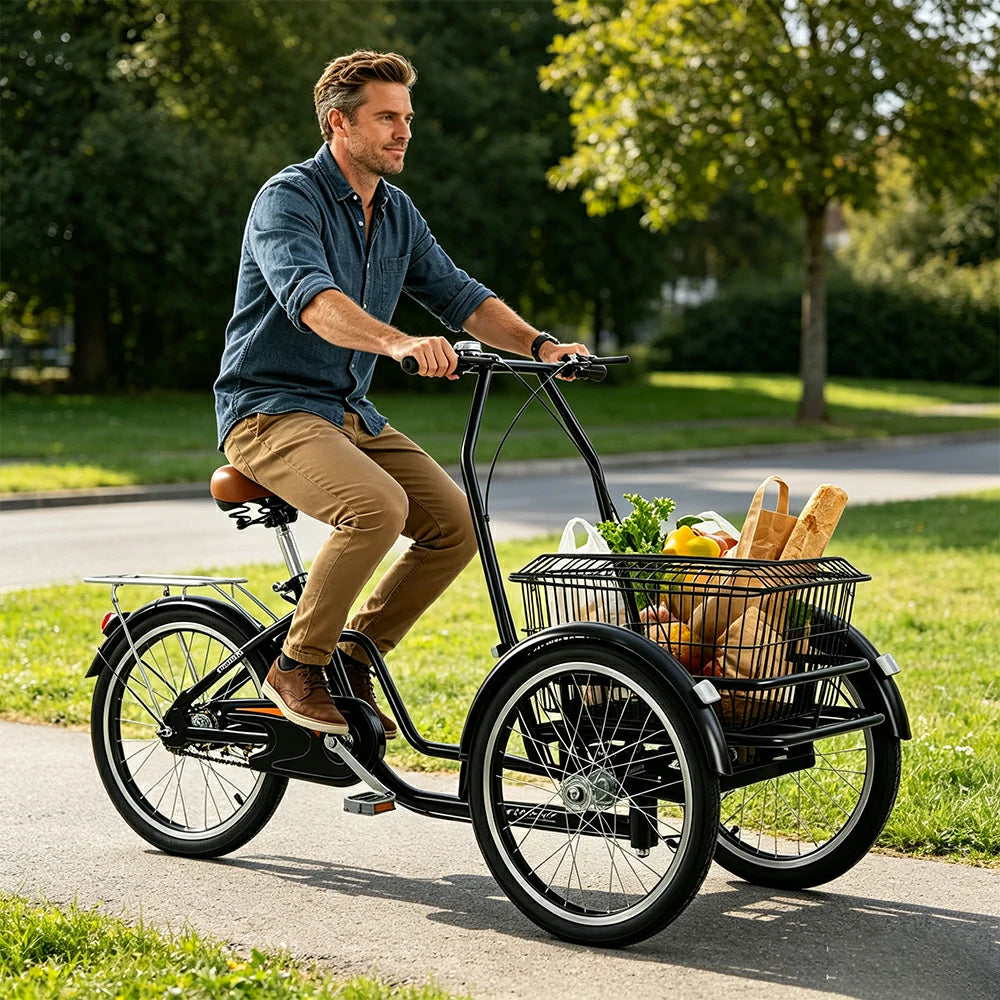 VOLTUS Manual Shopping Tricycle Large Front Basket 150kg Capacity Community Errands & Daily Riding - Black