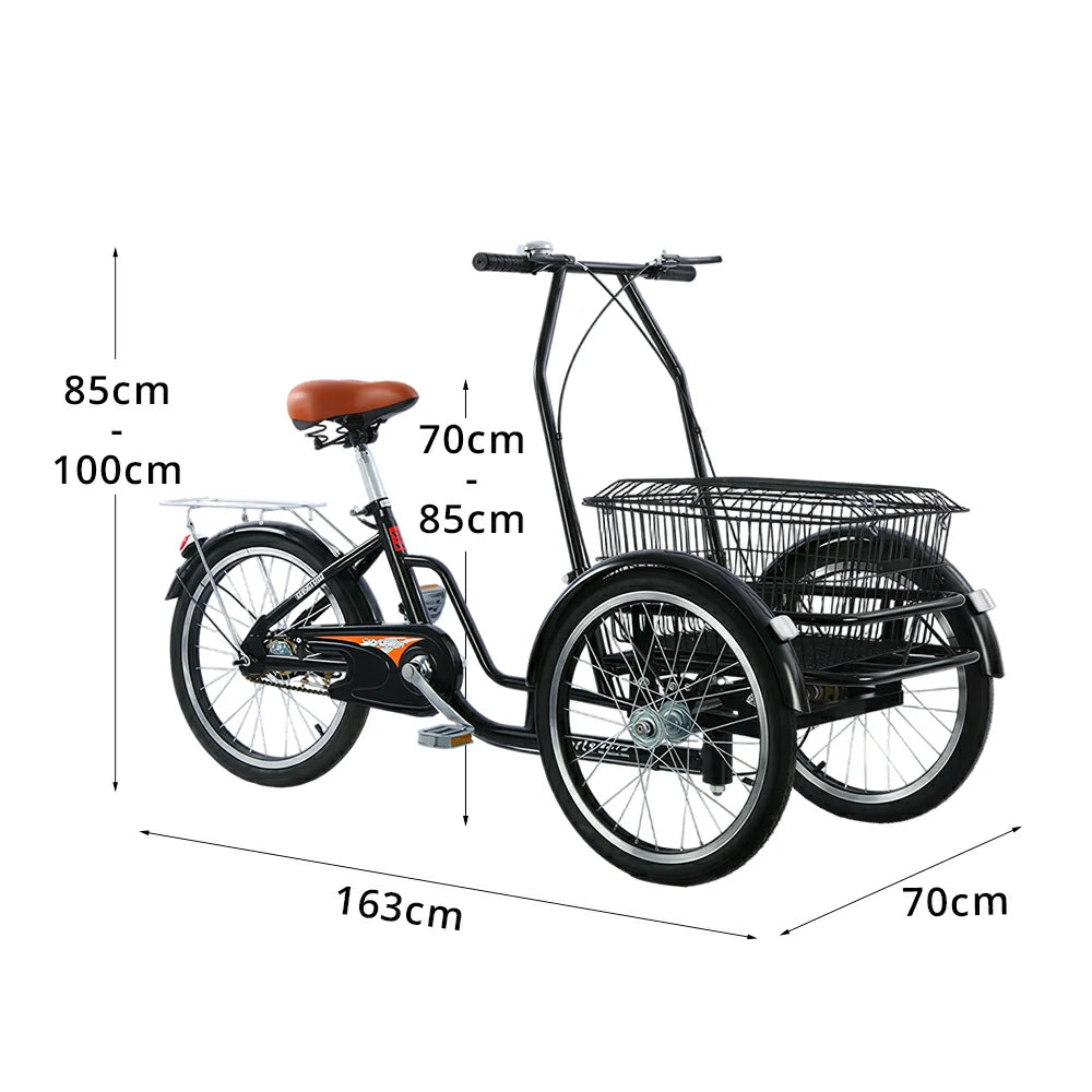 VOLTUS Manual Shopping Tricycle Large Front Basket 150kg Capacity Community Errands & Daily Riding - Black