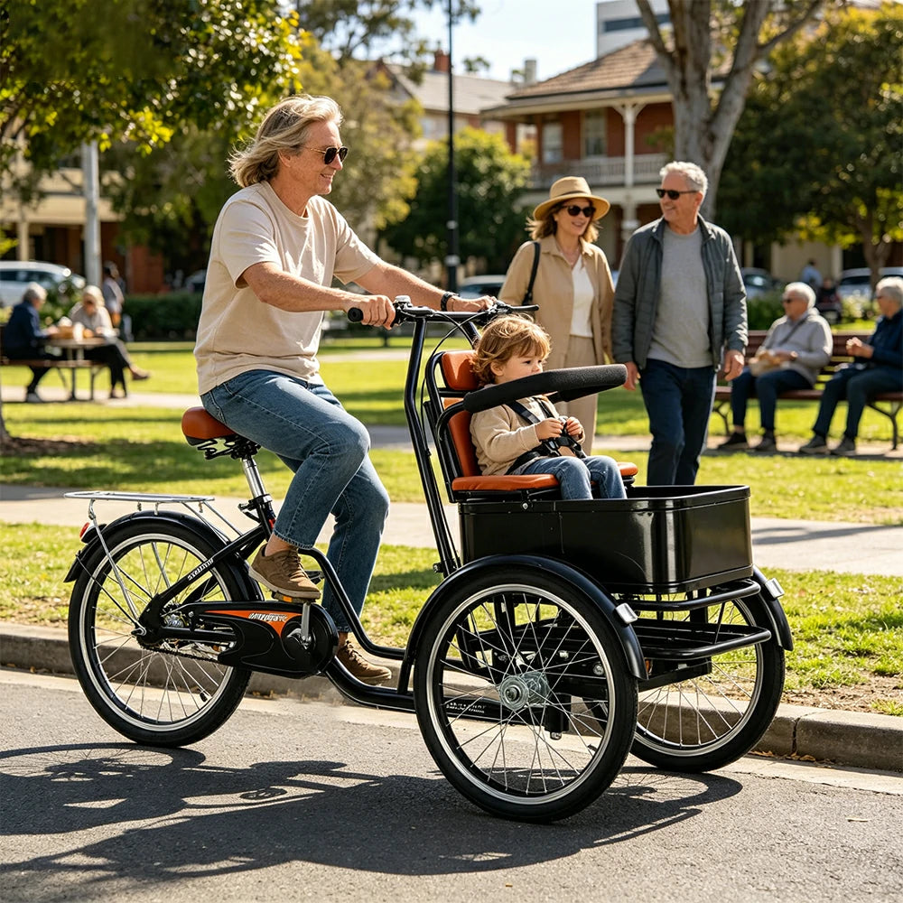 VOLTUS Manual Parent-Child Tricycle Front Comfort Seat 150kg Capacity Family Transport & Leisure Use - Black