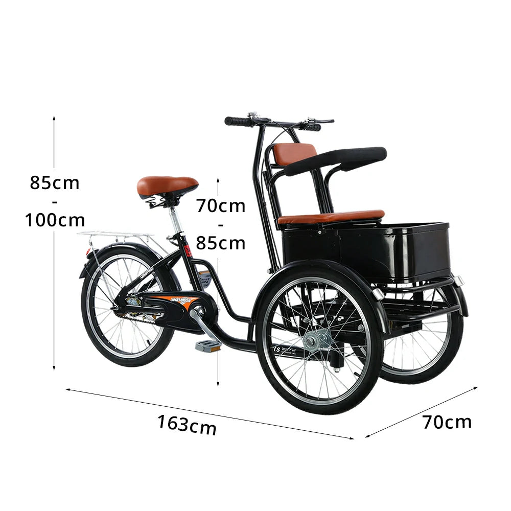 VOLTUS Manual Parent-Child Tricycle Front Comfort Seat 150kg Capacity Family Transport & Leisure Use - Black