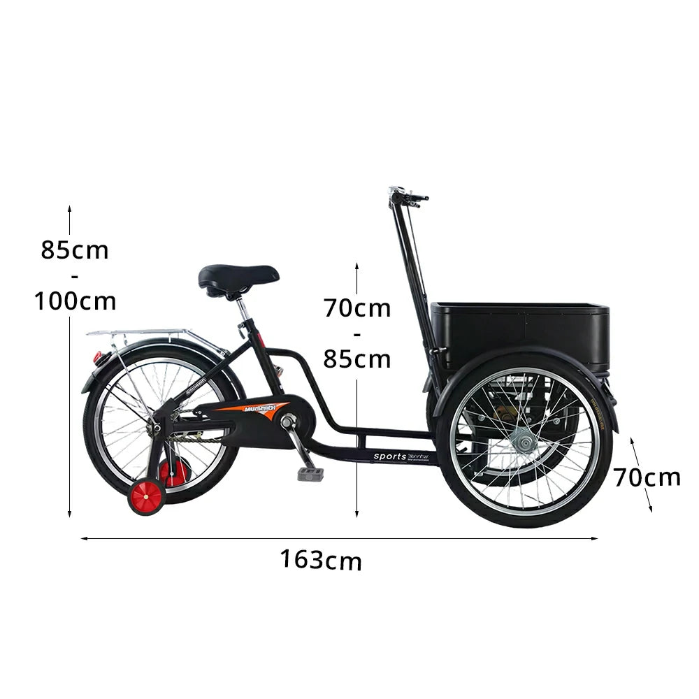 VOLTUS Manual Cargo Tricycle Rear Small Cargo Box 150kg Capacity Community Errands & Daily Transport - Black