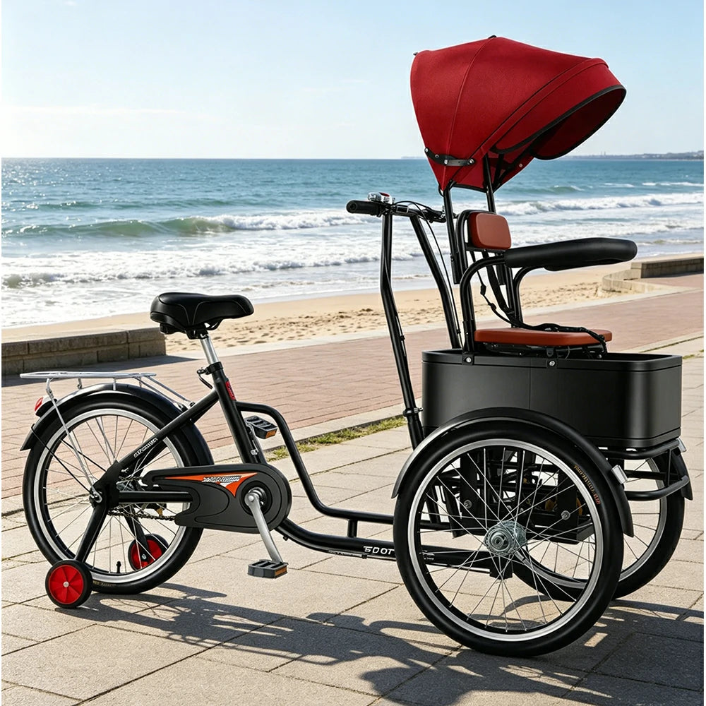VOLTUS Manual Parent-Child Tricycle Front Seat Canopy 150kg Capacity Family Transport & Leisure Use - Black
