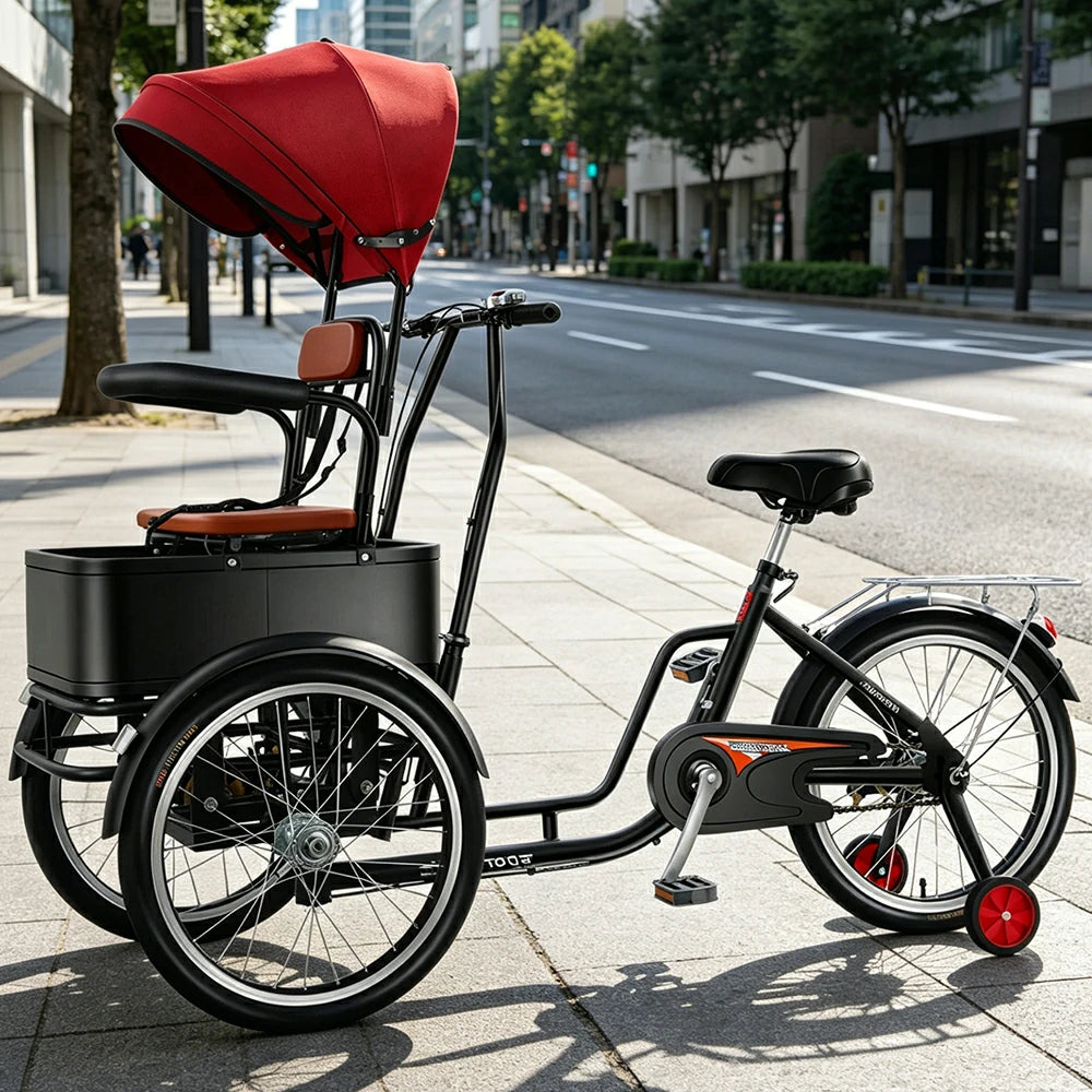 VOLTUS Manual Parent-Child Tricycle Front Seat Canopy 150kg Capacity Family Transport & Leisure Use - Black