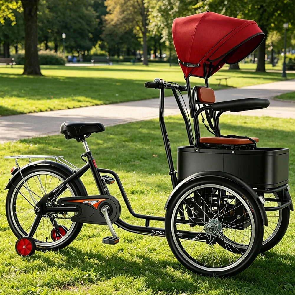 VOLTUS Manual Parent-Child Tricycle Front Seat Canopy 150kg Capacity Family Transport & Leisure Use - Black