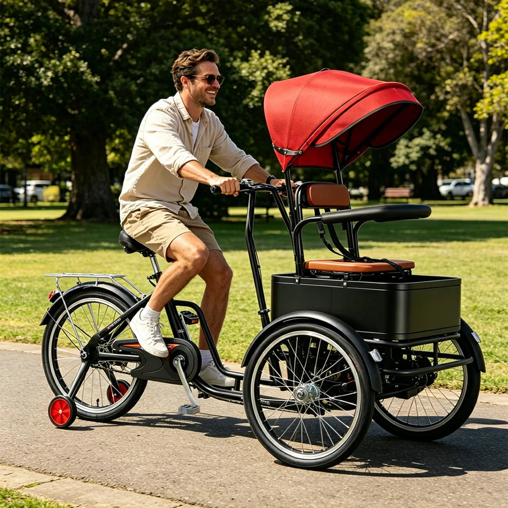 VOLTUS Manual Parent-Child Tricycle Front Seat Canopy 150kg Capacity Family Transport & Leisure Use - Black