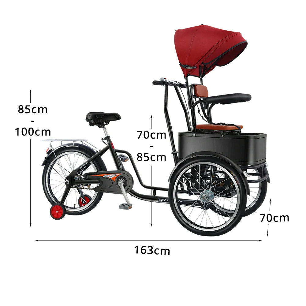 VOLTUS Manual Parent-Child Tricycle Front Seat Canopy 150kg Capacity Family Transport & Leisure Use - Black