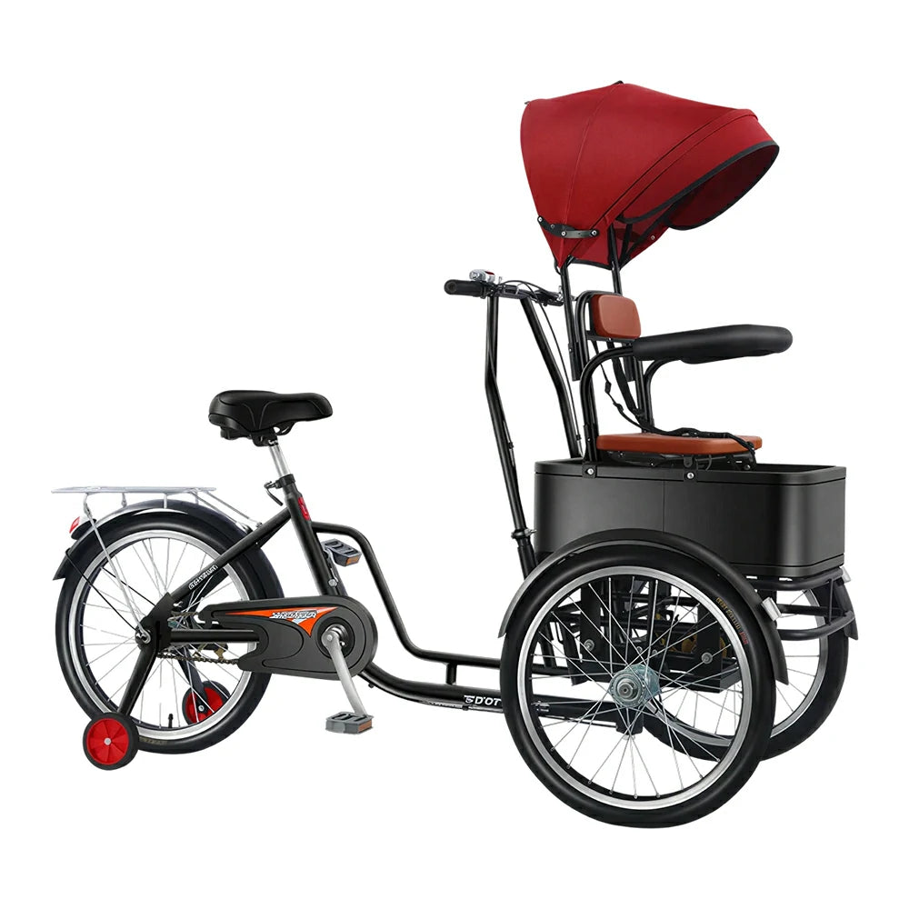 VOLTUS Manual Parent-Child Tricycle Front Seat Canopy 150kg Capacity Family Transport & Leisure Use - Black