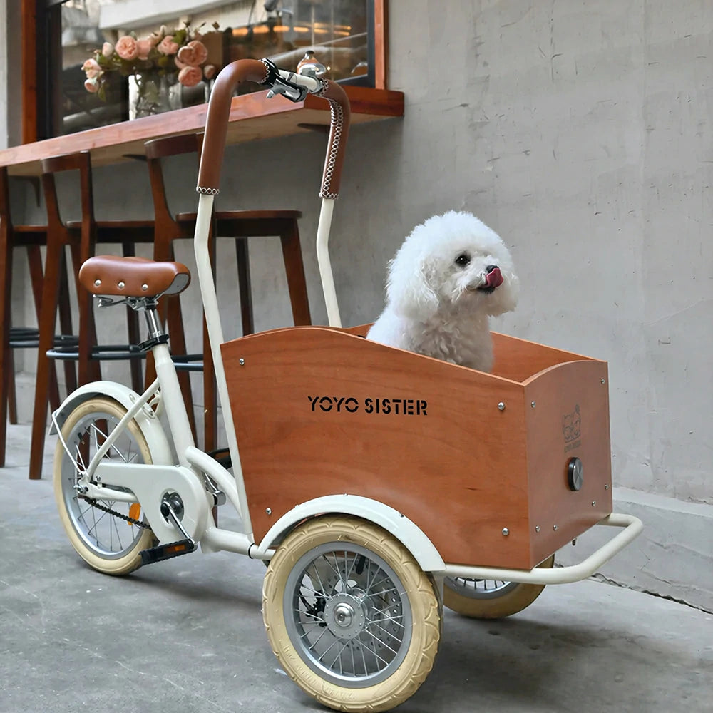 VOLTUS Adult Pet Tricycle Front Wood-Grain Cargo Box 105kg Capacity Pet Outings & Daily Cargo - Cream