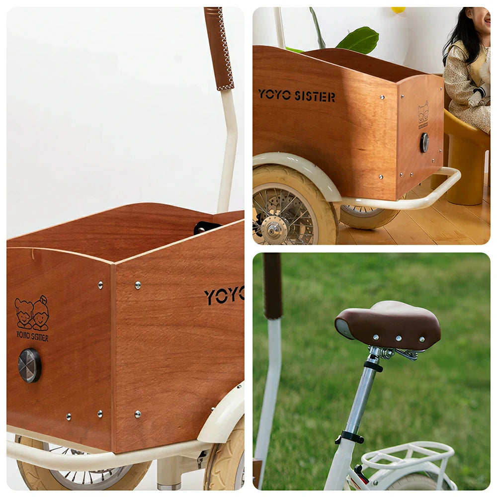 VOLTUS Adult Pet Tricycle Front Wood-Grain Cargo Box 105kg Capacity Pet Outings & Daily Cargo - Cream