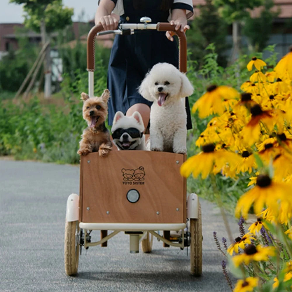 VOLTUS Adult Pet Tricycle Front Wood-Grain Cargo Box 105kg Capacity Pet Outings & Daily Cargo - Cream