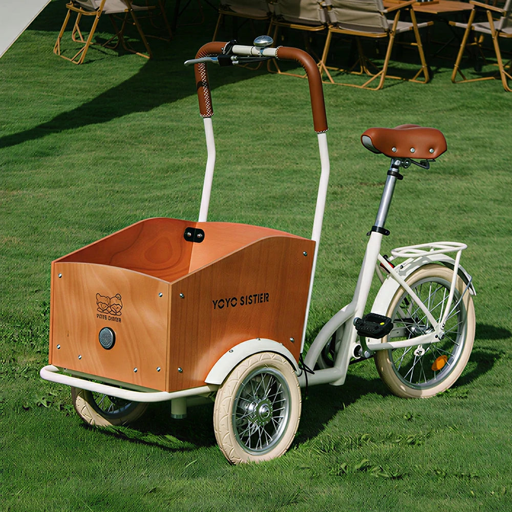 VOLTUS Adult Pet Tricycle Front Wood-Grain Cargo Box 105kg Capacity Pet Outings & Daily Cargo - Cream