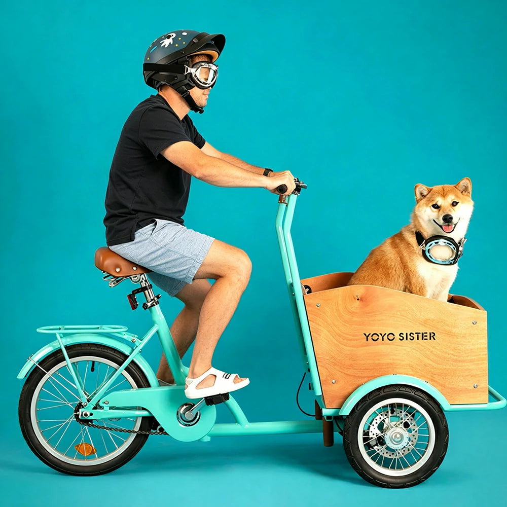 VOLTUS Adult Pet Tricycle Front Wood-Grain Cargo Box 105kg Capacity Pet Outings & Daily Cargo - Green