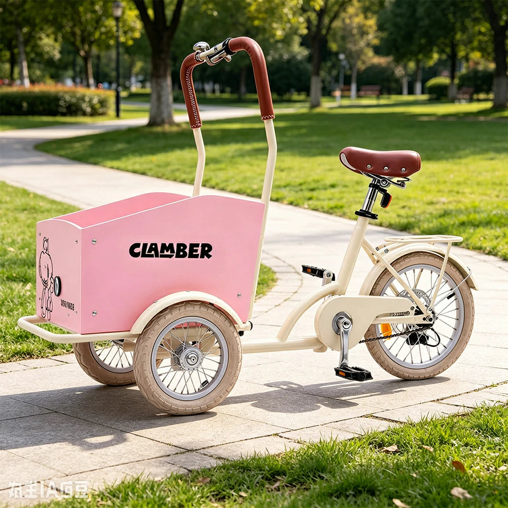 VOLTUS Upgraded Adult Pet Tricycle Front Wood-Grain Cargo Box 105kg Capacity Pet Outings & Daily Cargo - Light Pink