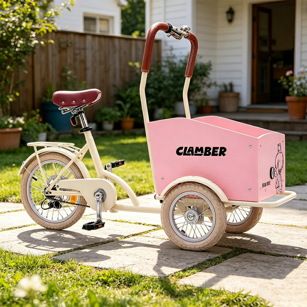 VOLTUS Upgraded Adult Pet Tricycle Front Wood-Grain Cargo Box 105kg Capacity Pet Outings & Daily Cargo - Light Pink