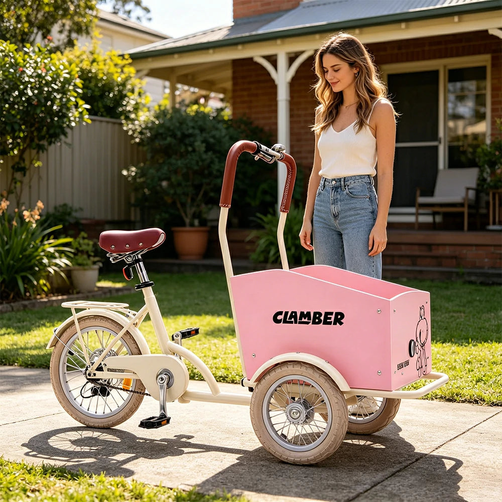 VOLTUS Upgraded Adult Pet Tricycle Front Wood-Grain Cargo Box 105kg Capacity Pet Outings & Daily Cargo - Light Pink