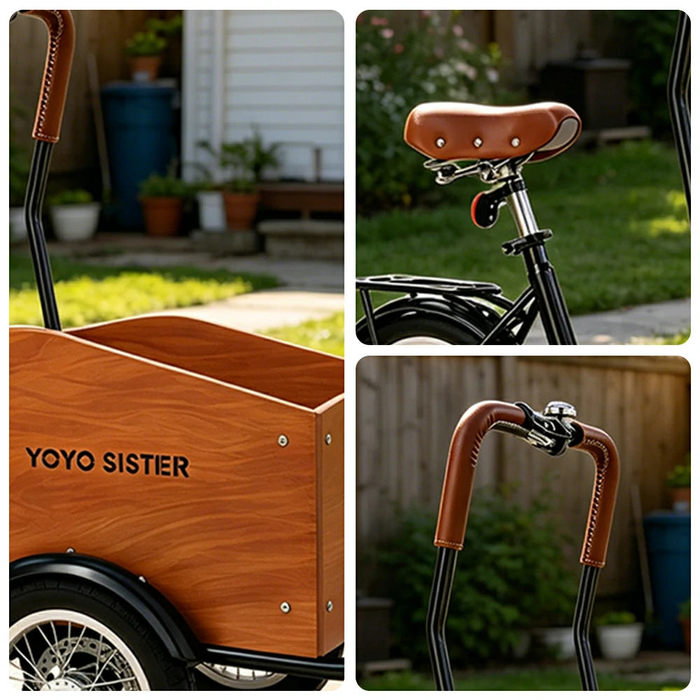 VOLTUS Upgraded Adult Pet Tricycle Front Wood-Grain Cargo Box 105kg Capacity Pet Outings & Daily Cargo - Black