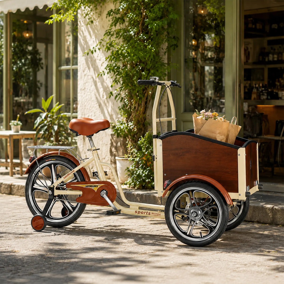 VOLTUS Front Cargo Tricycle - 3 Wheel Bike with Large Wood-Look Cargo Box & Disc Brakes - 160cm for Kids, Pets & Shopping - Beige & Brown