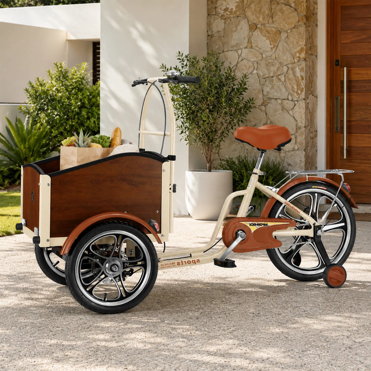 VOLTUS Front Cargo Tricycle - 3 Wheel Bike with Large Wood-Look Cargo Box & Disc Brakes - 160cm for Kids, Pets & Shopping - Beige & Brown