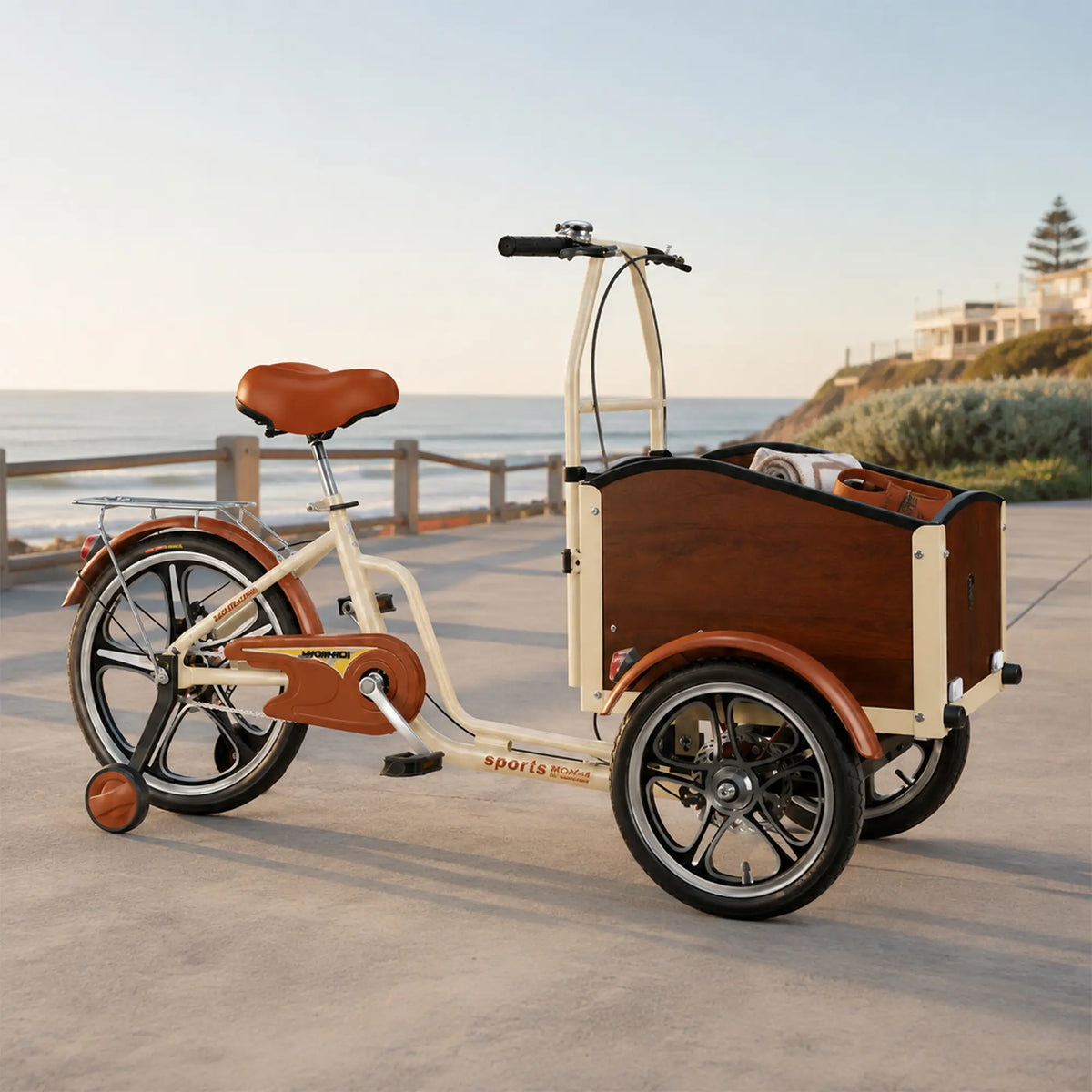 VOLTUS Front Cargo Tricycle - 3 Wheel Bike with Large Wood-Look Cargo Box & Disc Brakes - 160cm for Kids, Pets & Shopping - Beige & Brown