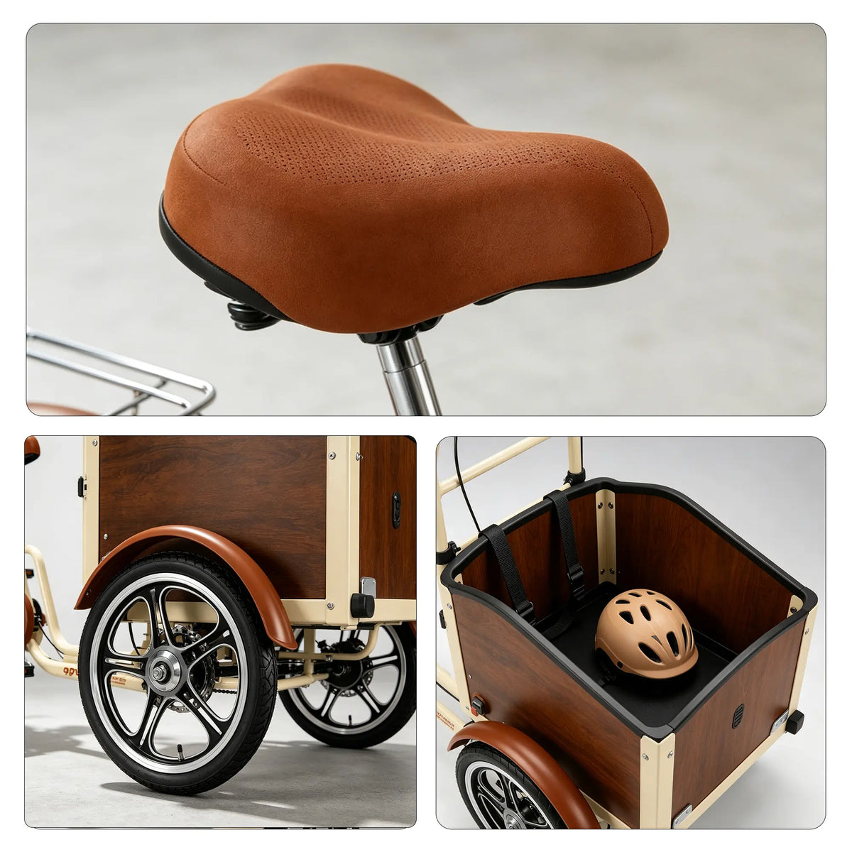VOLTUS Front Cargo Tricycle - 3 Wheel Bike with Large Wood-Look Cargo Box & Disc Brakes - 160cm for Kids, Pets & Shopping - Beige & Brown
