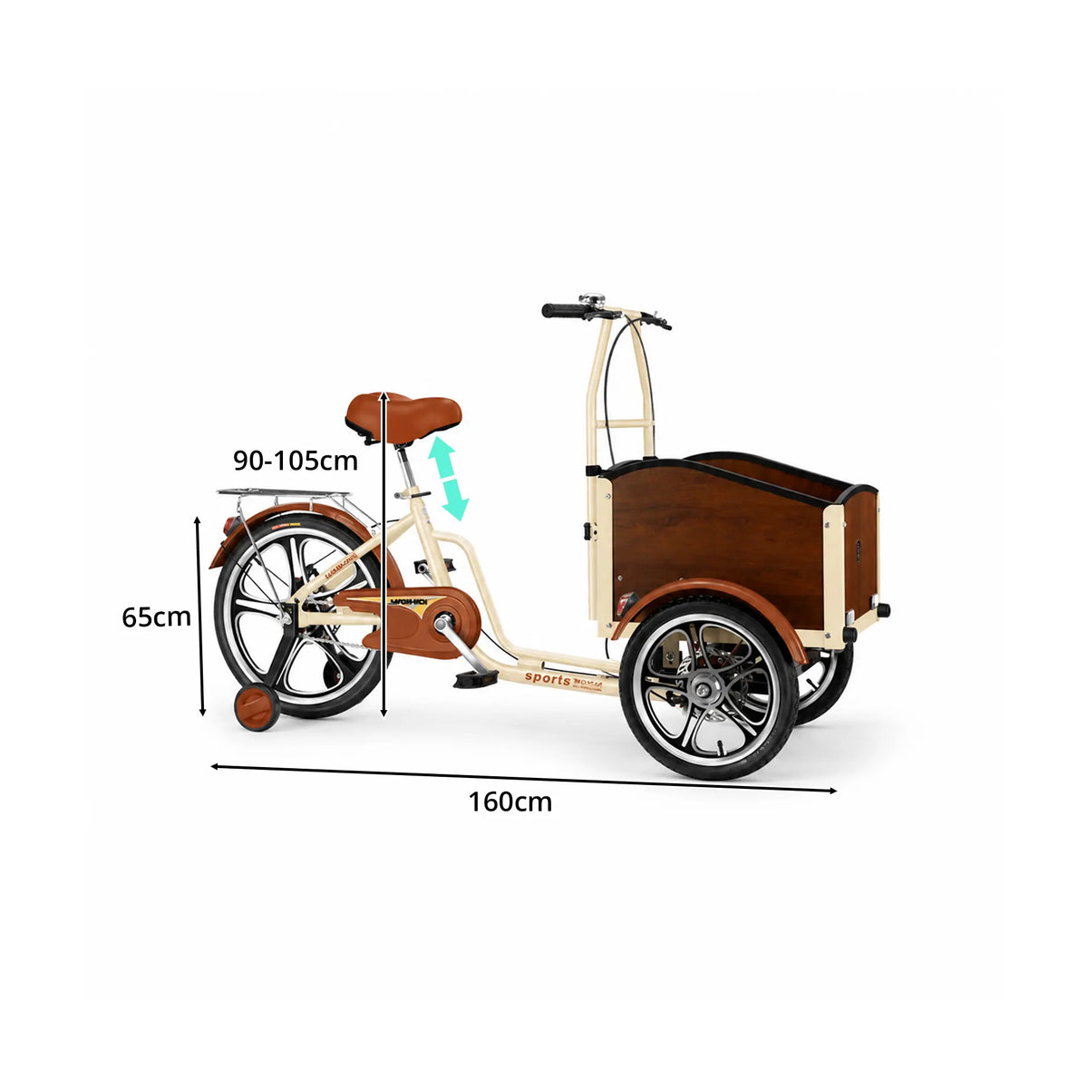 VOLTUS Front Cargo Tricycle - 3 Wheel Bike with Large Wood-Look Cargo Box & Disc Brakes - 160cm for Kids, Pets & Shopping - Beige & Brown