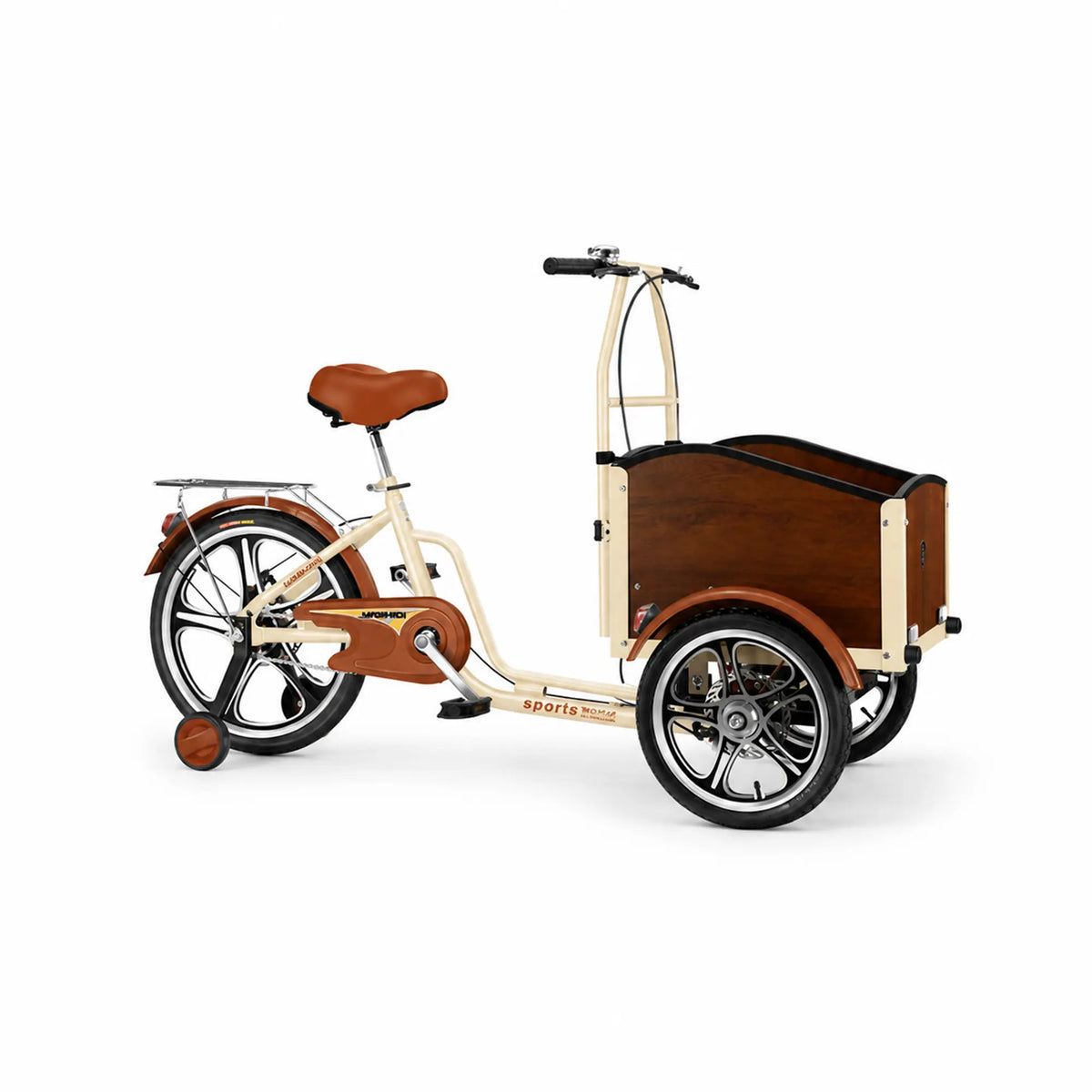 VOLTUS Front Cargo Tricycle - 3 Wheel Bike with Large Wood-Look Cargo Box & Disc Brakes - 160cm for Kids, Pets & Shopping - Beige & Brown