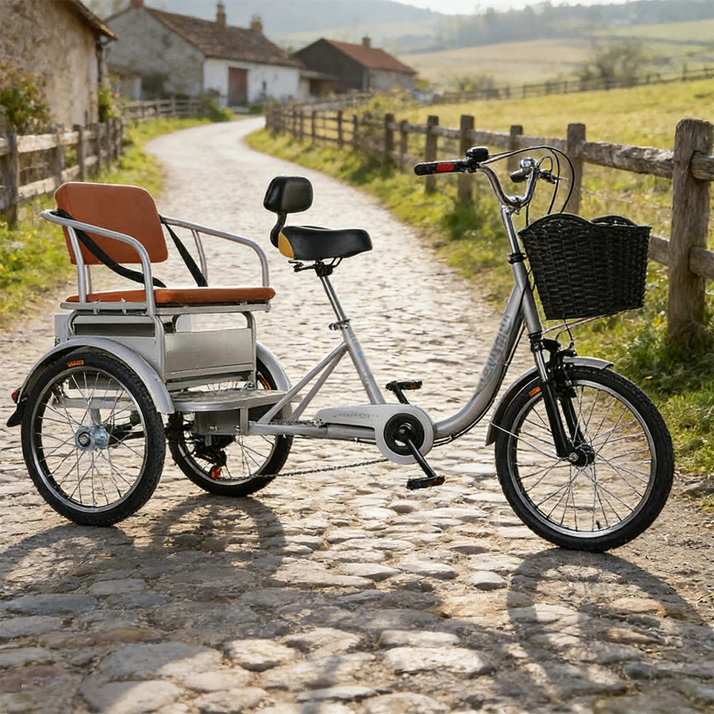 VOLTUS 20" Tricycle with Dual Suspension, Hydraulic Brakes, High Carbon Steel Frame, Ergonomic Vintage Design for Comfort and Stability - Silver