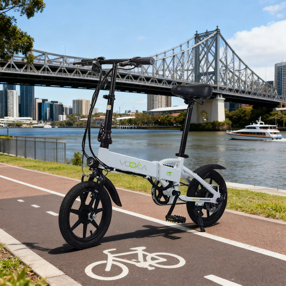 VOLTUS Electric Bike 14" Tires Hidden Lithium Battery 48V7A, Aluminum Frame, 22km Electric Range, 50km Assist Range - White