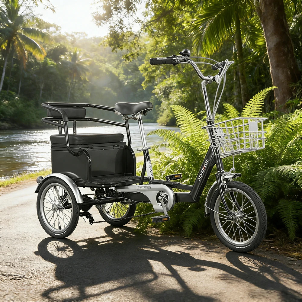 VOLTUS Tricycle, 7-Speed Shimano Drivetrain, Lightweight Aluminum Frame, Rear Baskets for Storage, Max Load 135kg - Black