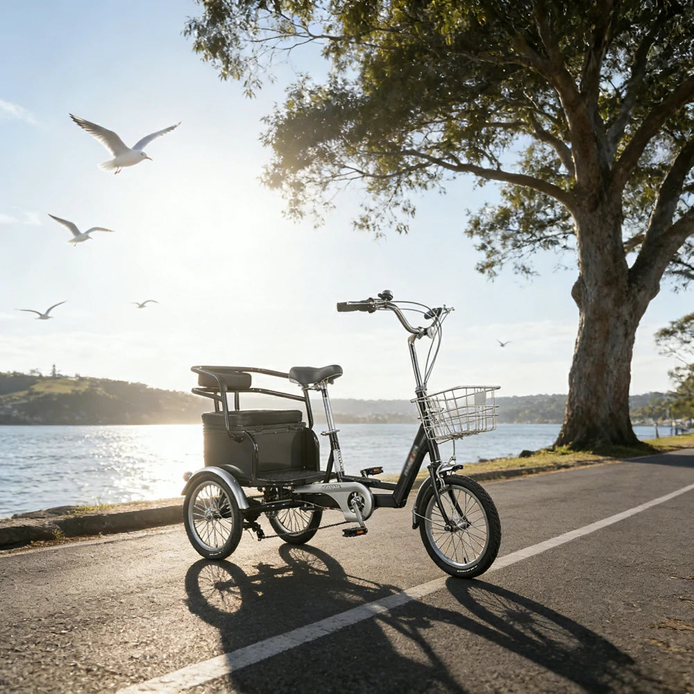 VOLTUS Tricycle, 7-Speed Shimano Drivetrain, Lightweight Aluminum Frame, Rear Baskets for Storage, Max Load 135kg - Black