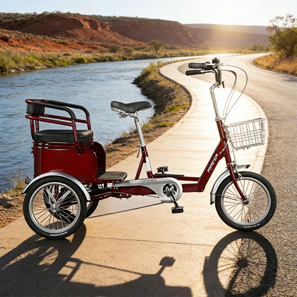 VOLTUS Tricycle, 7-Speed Shimano Drivetrain, Lightweight Aluminum Frame, Rear Baskets for Storage, Max Load 135kg - Red