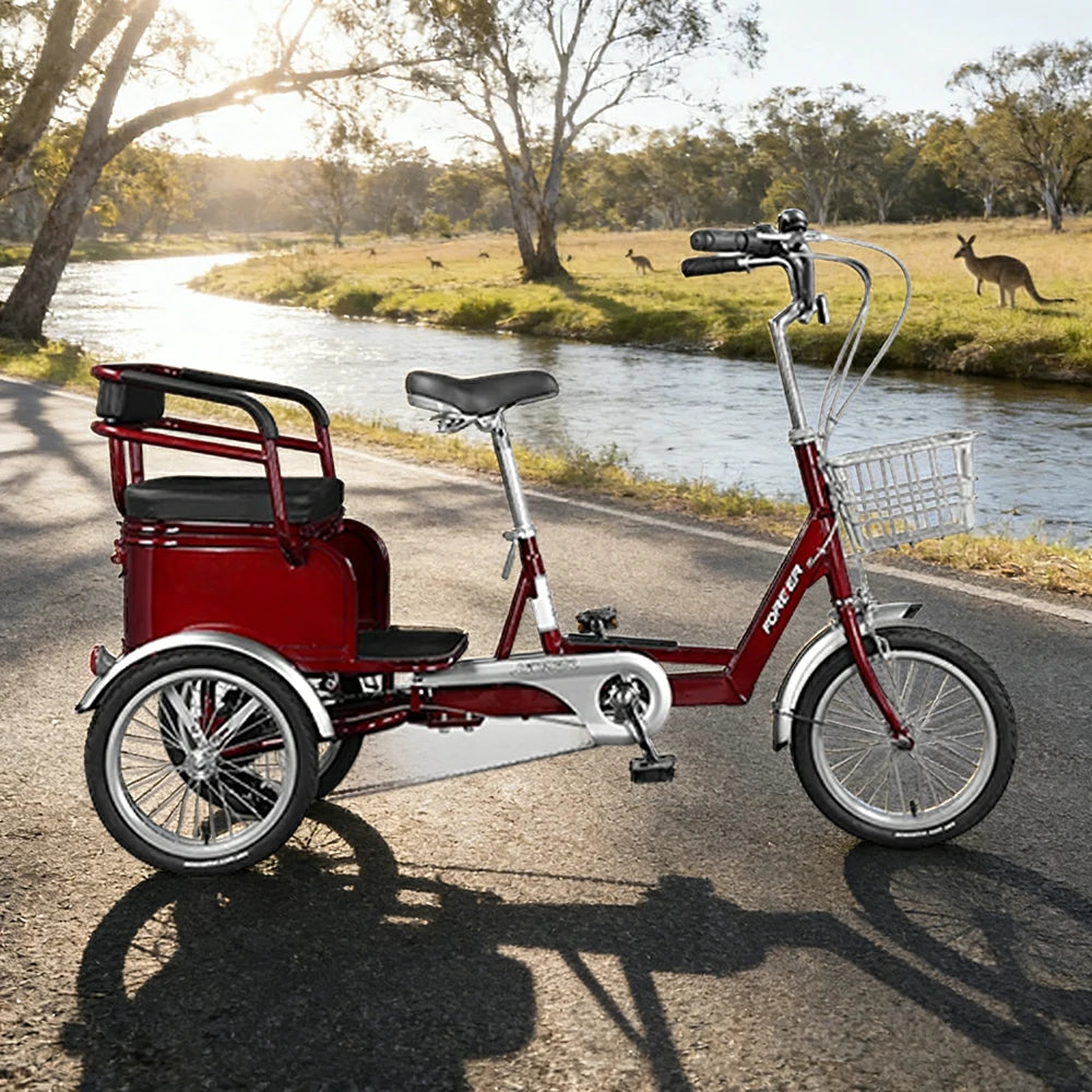 VOLTUS Tricycle, 7-Speed Shimano Drivetrain, Lightweight Aluminum Frame, Rear Baskets for Storage, Max Load 135kg - Red