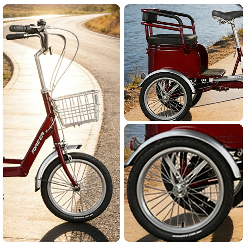 VOLTUS Tricycle, 7-Speed Shimano Drivetrain, Lightweight Aluminum Frame, Rear Baskets for Storage, Max Load 135kg - Red