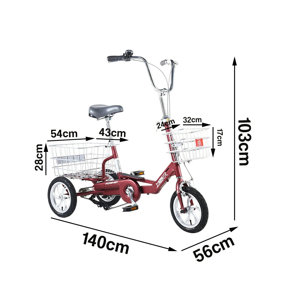 VOLTUS 14" Tricycle Lightweight Aluminum Alloy Frame 135kg Max Load Waterproof Bottom Bracket Large Storage Baskets - Red
