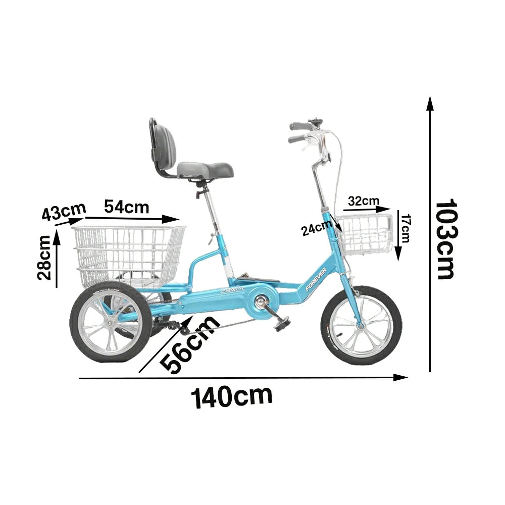 VOLTUS 14" Tricycle Lightweight Aluminum Alloy Frame 135kg Max Load Waterproof Bottom Bracket Large Storage Baskets - Blue