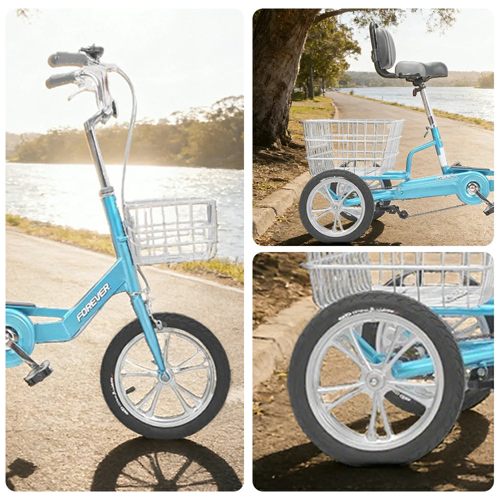 VOLTUS 14" Tricycle Lightweight Aluminum Alloy Frame 135kg Max Load Waterproof Bottom Bracket Large Storage Baskets - Blue