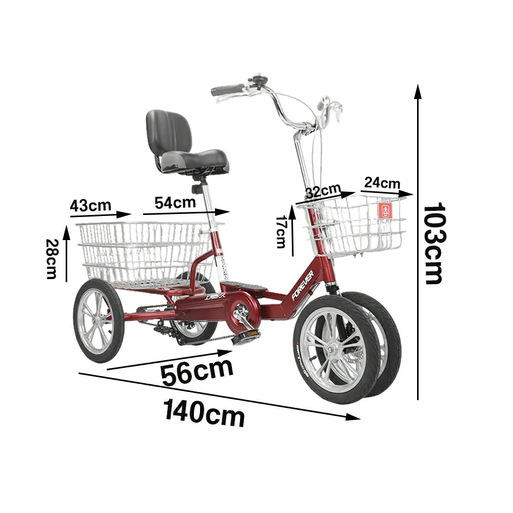 VOLTUS 14" Tricycle Dual Front-Wheel Design Lightweight Aluminum Alloy Frame 135kg Max Load Waterproof Bottom Bracket Large Storage Baskets - Red