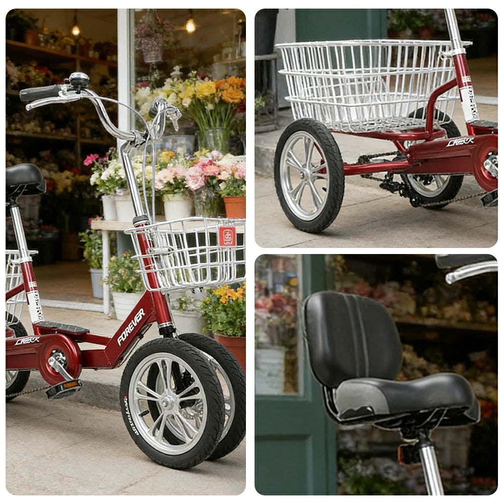 VOLTUS 14" Tricycle Dual Front-Wheel Design Lightweight Aluminum Alloy Frame 135kg Max Load Waterproof Bottom Bracket Large Storage Baskets - Red