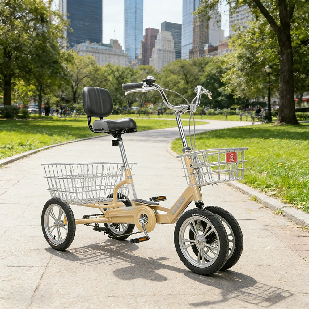 VOLTUS 14" Tricycle Dual Front-Wheel Design Lightweight Aluminum Alloy Frame 135kg Max Load Waterproof Bottom Bracket Large Storage Baskets - Yellow