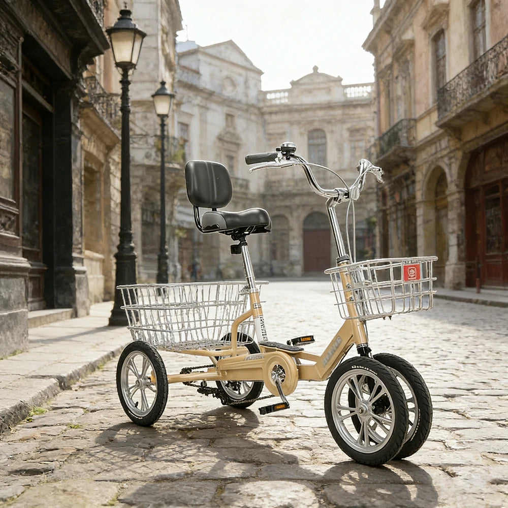 VOLTUS 14" Tricycle Dual Front-Wheel Design Lightweight Aluminum Alloy Frame 135kg Max Load Waterproof Bottom Bracket Large Storage Baskets - Yellow