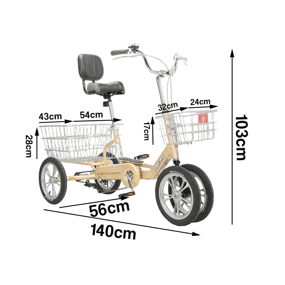 VOLTUS 14" Tricycle Dual Front-Wheel Design Lightweight Aluminum Alloy Frame 135kg Max Load Waterproof Bottom Bracket Large Storage Baskets - Yellow