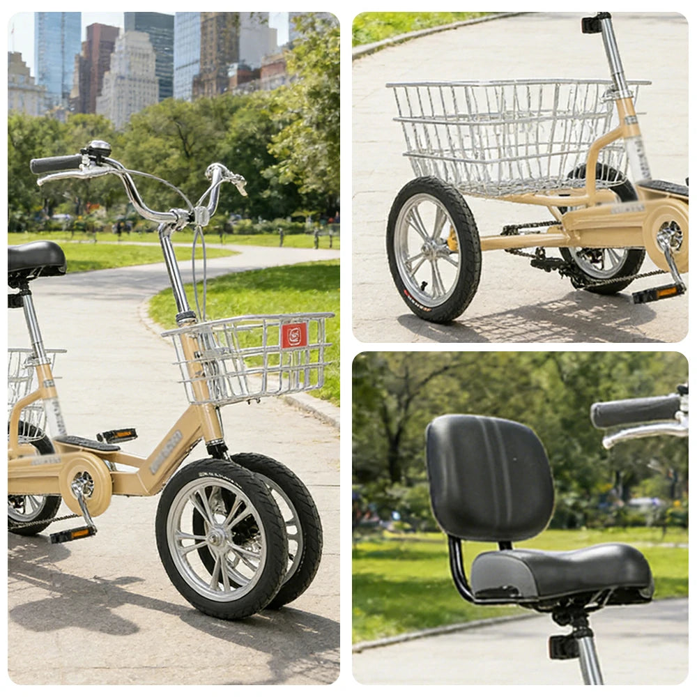 VOLTUS 14" Tricycle Dual Front-Wheel Design Lightweight Aluminum Alloy Frame 135kg Max Load Waterproof Bottom Bracket Large Storage Baskets - Yellow